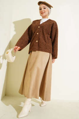 Gold Düğmeli Keçe Kısa Ceket Taba - Ceket