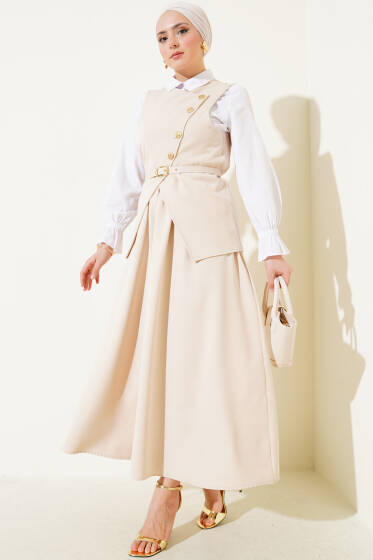 Gold Düğmeli Kemerli Etekli İkili Takım Bej - İkili Takım