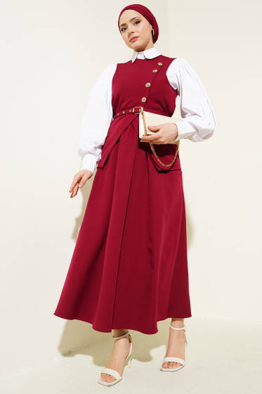Gold Düğmeli Kemerli Etekli İkili Takım Bordo - İkili Takım