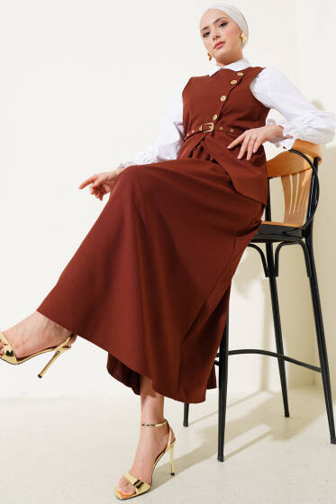 Gold Düğmeli Kemerli Etekli İkili Takım Kahve - İkili Takım
