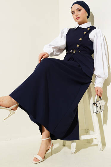Gold Düğmeli Kemerli Etekli İkili Takım Lacivert - İkili Takım