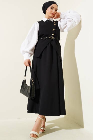 Gold Düğmeli Kemerli Etekli İkili Takım Siyah - İkili Takım
