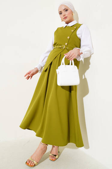 Gold Düğmeli Kemerli Etekli İkili Takım Yağ Yeşili - İkili Takım