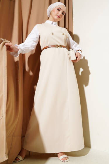 Gold Düğmeli Kemerli Jile Elbise Bej - Elbise