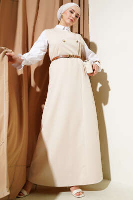 Gold Düğmeli Kemerli Jile Elbise Bej 