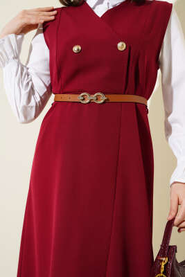 Gold Düğmeli Kemerli Jile Elbise Bordo - Tesettür Elbise