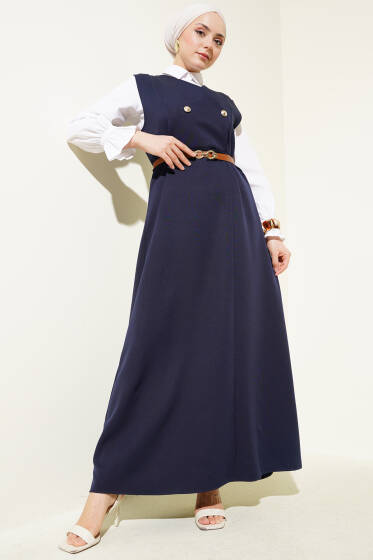 Gold Düğmeli Kemerli Jile Elbise Lacivert - Elbise