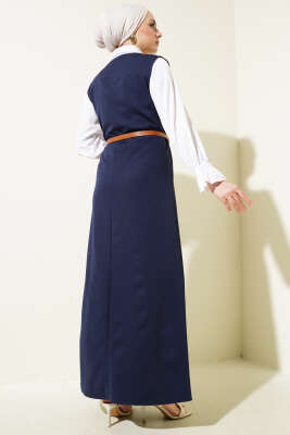Gold Düğmeli Kemerli Jile Elbise Lacivert - Tesettür Elbise