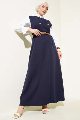 Gold Düğmeli Kemerli Jile Elbise Lacivert - Tesettür Elbise
