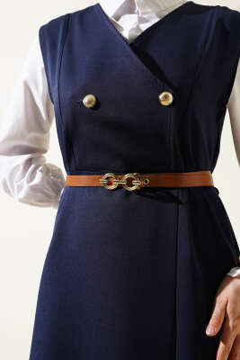 Gold Düğmeli Kemerli Jile Elbise Lacivert - Tesettür Elbise