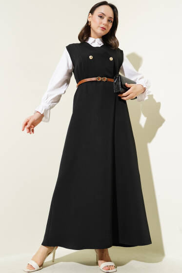 Gold Düğmeli Kemerli Jile Elbise Siyah - Elbise