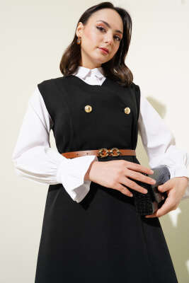 Gold Düğmeli Kemerli Jile Elbise Siyah - Tesettür Elbise