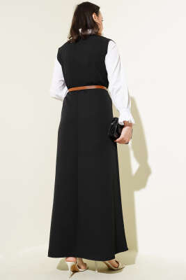 Gold Düğmeli Kemerli Jile Elbise Siyah - Tesettür Elbise