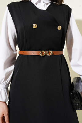 Gold Düğmeli Kemerli Jile Elbise Siyah - Tesettür Elbise