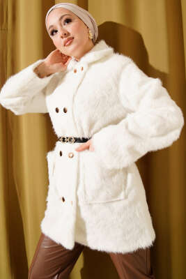 Gold Düğmeli Kemerli Sakallı Ceket Ekru - VAV TEKSTİL