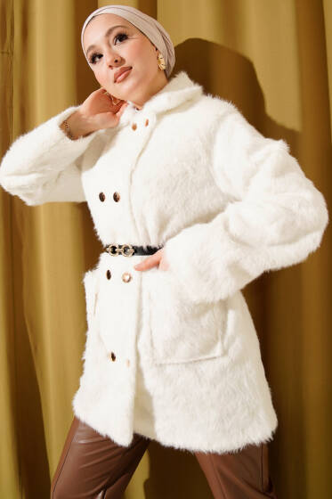 Gold Düğmeli Kemerli Sakallı Ceket Ekru - Günün Seçilenleri