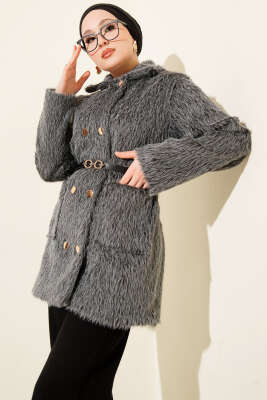 Gold Düğmeli Kemerli Sakallı Ceket Füme - VAV TEKSTİL