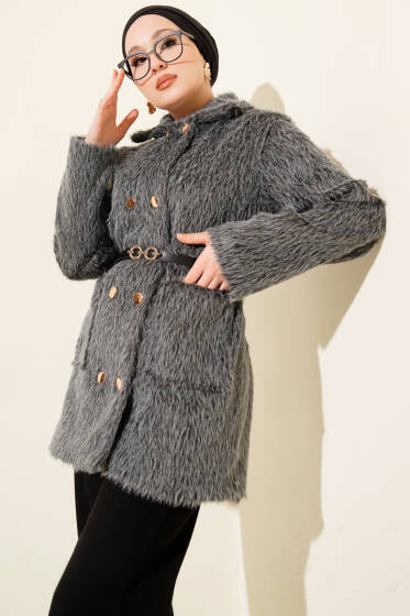 Gold Düğmeli Kemerli Sakallı Ceket Füme - Günün Seçilenleri