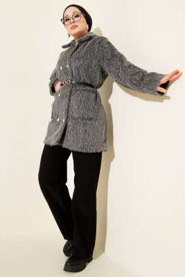 Gold Düğmeli Kemerli Sakallı Ceket Füme - Günün Seçilenleri