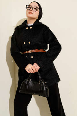 Gold Düğmeli Kemerli Sakallı Ceket Siyah - VAV TEKSTİL