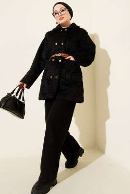 Gold Düğmeli Kemerli Sakallı Ceket Siyah - Günün Seçilenleri