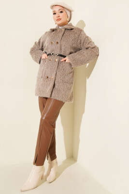 Gold Düğmeli Kemerli Sakallı Ceket Vizon - Ceket