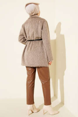 Gold Düğmeli Kemerli Sakallı Ceket Vizon - Ceket