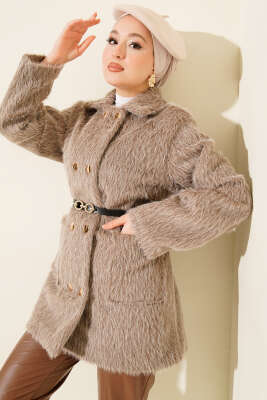 Gold Düğmeli Kemerli Sakallı Ceket Vizon - VAV TEKSTİL