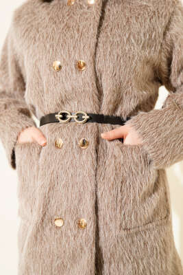 Gold Düğmeli Kemerli Sakallı Ceket Vizon - Günün Seçilenleri