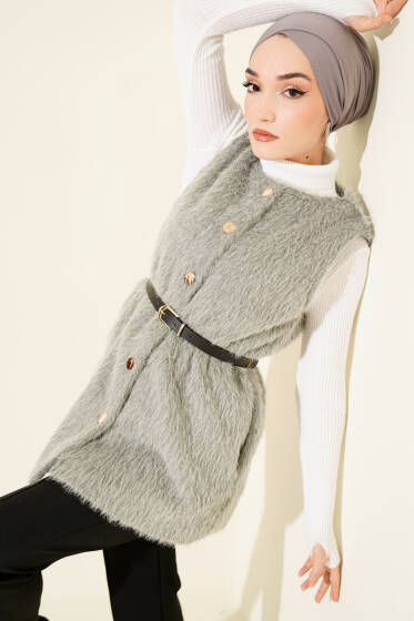 Gold Düğmeli Kemerli Sakallı Yelek Gri - Yelek