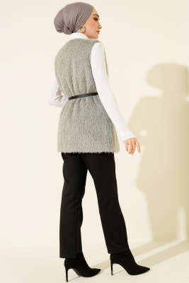 Gold Düğmeli Kemerli Sakallı Yelek Gri - Yelek