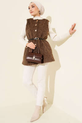 Gold Düğmeli Kemerli Sakallı Yelek Kahve - Yelek