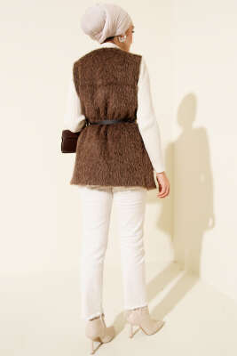 Gold Düğmeli Kemerli Sakallı Yelek Kahve - Yelek