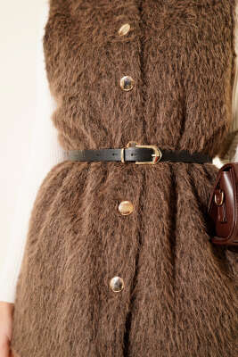 Gold Düğmeli Kemerli Sakallı Yelek Kahve - Yelek