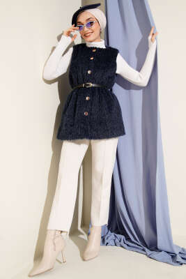 Gold Düğmeli Kemerli Sakallı Yelek Lacivert - Yelek