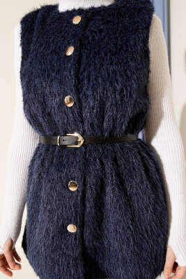 Gold Düğmeli Kemerli Sakallı Yelek Lacivert - Yelek