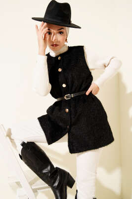 Gold Düğmeli Kemerli Sakallı Yelek Siyah - DUFON