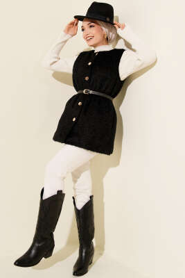 Gold Düğmeli Kemerli Sakallı Yelek Siyah - Yelek