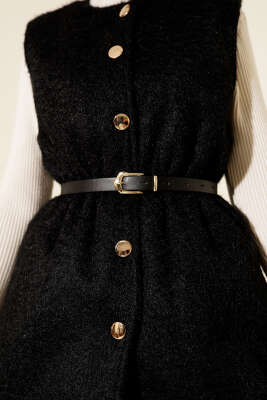 Gold Düğmeli Kemerli Sakallı Yelek Siyah - Yelek