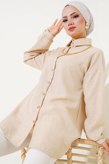 Gold Düğmeli Keten Gömlek Bej - Gömlek