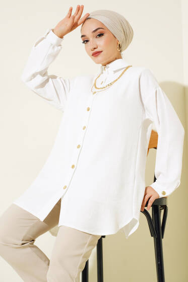 Gold Düğmeli Keten Gömlek Ekru - Gömlek