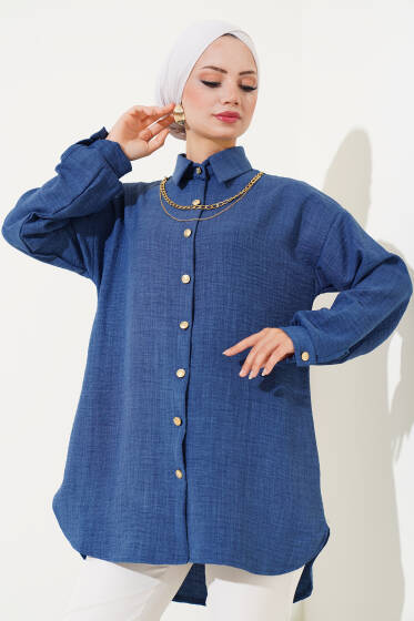 Gold Düğmeli Keten Gömlek İndigo - Gömlek