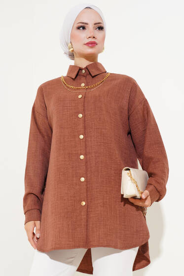 Gold Düğmeli Keten Gömlek Kahve - Gömlek
