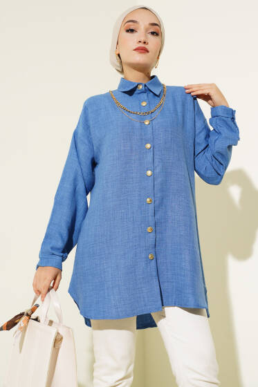 Gold Düğmeli Keten Gömlek Mavi - Gömlek