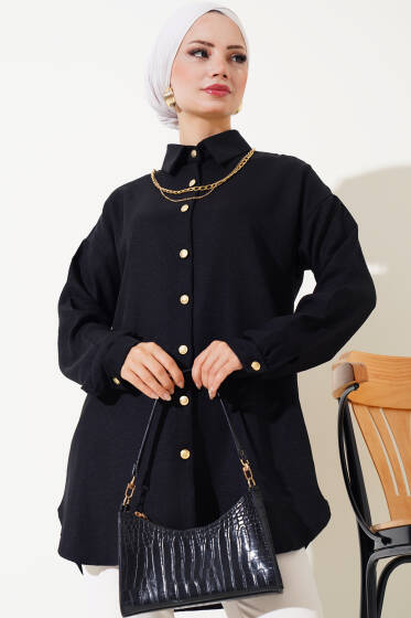 Gold Düğmeli Keten Gömlek Siyah - Gömlek