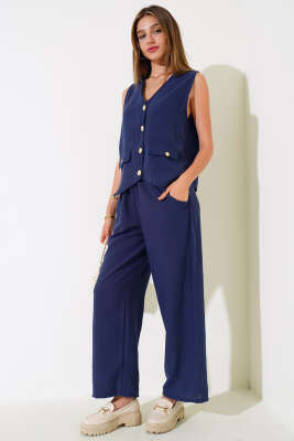 Gold Düğmeli Keten Yelekli İkili Takım Lacivert 