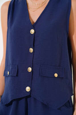 Gold Düğmeli Keten Yelekli İkili Takım Lacivert - Kadın Giyim Modelleri