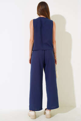 Gold Düğmeli Keten Yelekli İkili Takım Lacivert - Kadın Giyim Modelleri