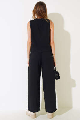 Gold Düğmeli Keten Yelekli İkili Takım Siyah - Kadın Giyim Modelleri