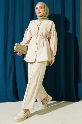 Gold Düğmeli Kol Pensli İkili Takım Bej - TABLO FASHİON